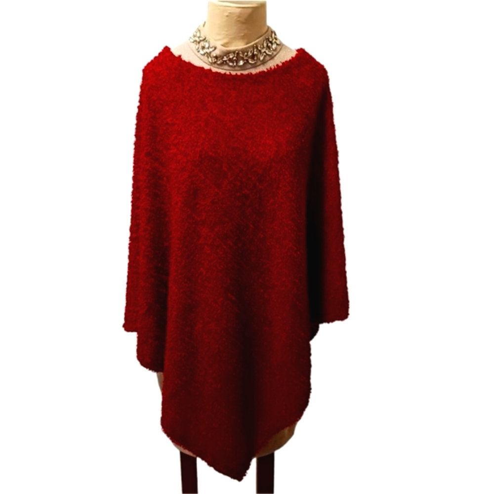 Vintage CHENILE Poncho Cape Coverup RED Long One Size Fits Most Flowy TEXTURED